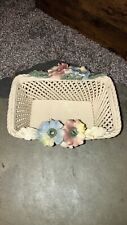 Vintage Cream Porcelain Woven Basket with Floral Trim Made In Italy 6.5” X 3.5” picture