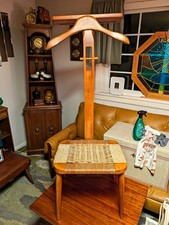Vintage MCM Amcrest Danish Styled Solid Wood Woven Seat Valet Stand w/ Lable picture