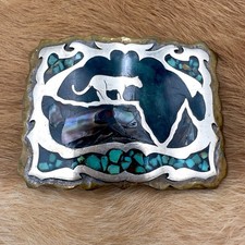 VTG Southwestern Panther Turquoise Abalone Chip Inlay Belt Buckle Mosaic Western picture