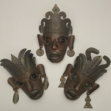 Metal Folk Art 3 Piece Brass Copper Tin Masks w/Glass Eyes Wall Art Mexico 6.5”t picture