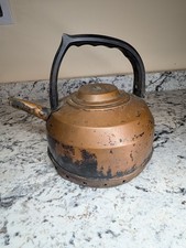 Vintage Copper Tea Kettle Black Handle Rustic Patina Farmhouse Decor picture