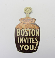 Vintage Boston Invites You Bean Pot Tin Litho Tab Pin Pilgrim Badge Beantown picture