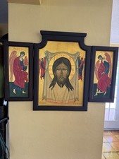 Antique Eastern Orthodox Triptych Painted Framed 3 Icon Panels of the Mandylion picture