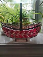 Mid Century Cranberry Glass Bowl Metal Basket  Serrated Edge Boat Shaped Vintage picture