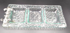 Green Textured Tinted Glass  3 Compartment Relish Dish Fleur De Lis Decor Handle picture