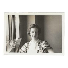Vintage Snapshot Photo 1930s Woman in Window Light Checked Dress Soft Gaze picture