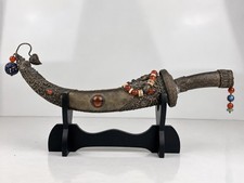 Vtg Asian Chinese Tibetan Mongolian Temple Sword Dagger Ornate Stones W/ Stand picture