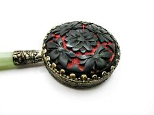 Vintage Chinese Hand Mirror Jade Style Stone Handle Red Black Silhouette Flowers picture