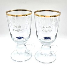 Vintage DUISKE Irish Coffee Cups Handcut Etched Gold Rim Footed Glass NOS Set 2 picture