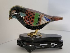 Vintage Chinese Cloisonne Bird Figurine Brass Feet With Wooden Stand picture