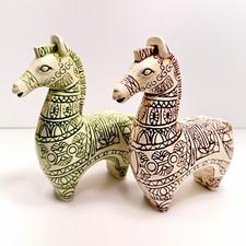 Vintage MCM Ceramic Trojan Horset Figurines Pair Green Brown Bitossi Style picture