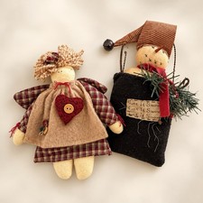 VTG Set of 2 Christmas Ornaments 8” Snowman Girl Felt Primitive Folk Art Stuffed picture
