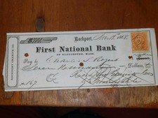 VINTAGE 1868 Rockport Granite Co Bank Check First National Bank Gloucester Mass picture