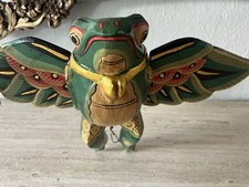 VTG Hand Carved Painted Balinese Wooden Flying Frog Folk Art Spirit Chaser picture