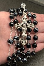 Vintage Silver Plated Black Glass Bead Rosary Necklace Crucifix 30” - With Tags picture