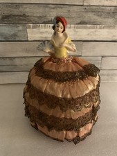 Antique Porcelain Half Lady Pin Cushion W/ Fan Peach Dress Flower Trim Hat READ picture