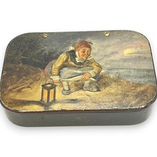 Antique 19th C. Papier Mâché Snuff Box Hand Painted Miniature Night Scene Lanter picture