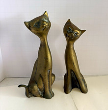 Vintage Brass Long Neck Cat Figurines Pair MCM Siamese 7