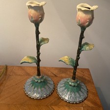 Beyond Gorgeous Pair Enamel Two's Company  Crystal Candlesticks Rosebud 9.5
