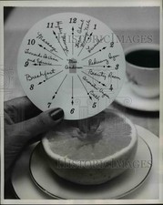 1959 Press Photo Schedule at Golden Door Spa is pretty Hectic as clock shows. picture