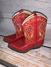 Vintage/Antique Red Western Cowboy Boots Floral Embroidered Pull-On US 5 picture