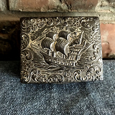 Antique Nautical Cigarette Case, Tall Masted Ship, Exceptional Detail, All Metal picture