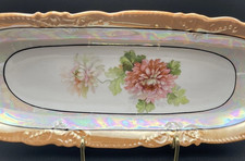 Vintage German Peach Lusterware Relish Dish Double Handle Antique Roses picture