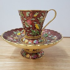 Vintage Karshi Jerusalem Enamel Kiddush Cup Saucer Set Seven Species Fruit Israe picture