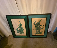 2 THI TEMPLE RUBBINGS,FRAMED RICE PAPER,GREEN SIMEASE Old DANCERS MCM picture