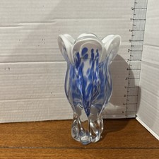 Royal Gallery Poland Encased Art Glass Flower Vase Hand Blown Blue White 9.5