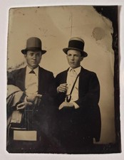 Antique Victorian Close Seated Men Tintype Photo Tall Rounded Top Hats Tin Type picture