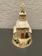 Vintage Enesco Ceramic Christmas Church Shaped Bell Steeple Cross Holly 5
