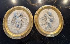 2 Antique Vtg Plaster Chalkware 3D Wall Plaques Cherub Gold Grape Leaf Frame picture