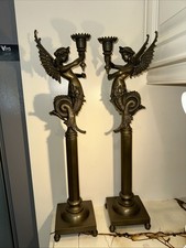 Heavy Solid Brass Winged Mermaid Candlesticks Pair 16.75” Figural Siren Melusine picture