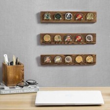 Wall-Mounted Brown Wood Military Challenge Coin / Casino Chip Holder, Set of 3 picture