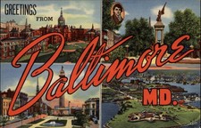Greetings from Baltimore Maryland four views ~ c1940s large letter linen script picture