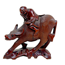 VTG Hand Carved Wood Asian Man Riding Buffalo Intricate Detail Glass Eyes MCM picture