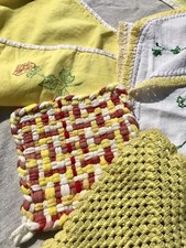 Vtg Hand Made USA Crochet Linen Cloth Kitchen Yellow 50s Floral Shabby Chic Antq picture