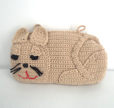 Vintage Handmade Crochet Beige Cat Stuffed Animal Pillow Head Rest Decor picture
