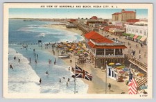 Ocean City NJ Postcard Air View Boardwalk and Beach Scene New Jersey Linen picture