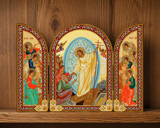 Resurrection of Christ with Angels Orthodox Icon Mounted On Wooden Triptych picture