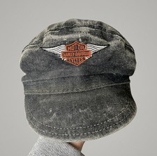 Vintage 90s Harley Davidson Hat Acid Wash Denim Cadet Fiddler Cap USA One Size picture