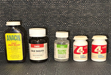 Vintage Medicine Bottles Lot of 5 - Anacin, Revco, 4-Way Cold Tablets Apothecary picture