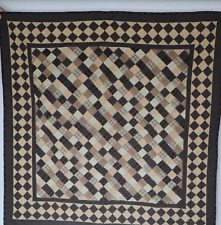 Vtg Hand Made Patchwork Quilt Wall Hanging Brown, Golden Tan Plaid 44 x 44