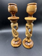 Hand Carved Olive Wood Candlestick Holders Pair Twisted Spiral 7.5 Inch picture