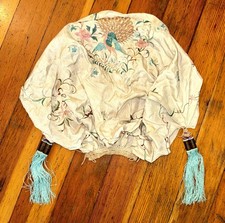 Vtg Antique CHINESE UNKNOWN Embroidery SILK Peacock FLOWERS Tassels Gathered BAG picture