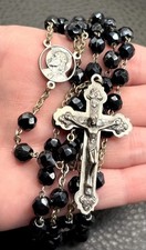Vintage Rosary Black Faceted Glass Beads Silver Tone Jesus Cross Crucifix 26” picture