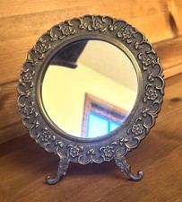 Vintage Ornate Brass Vanity Mirror Floral Embossed Border Scroll Legs Table Top picture