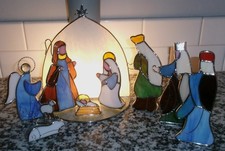 Nativity Scene Set Stained Glass Stable w/ Baby Jesus Mary Joseph Wisemen 10 pc picture