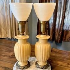 2pc VTG 40s MCM Art Deco Porcelain Milk Glass Urn Boudoir Vanity Lamps WORK picture